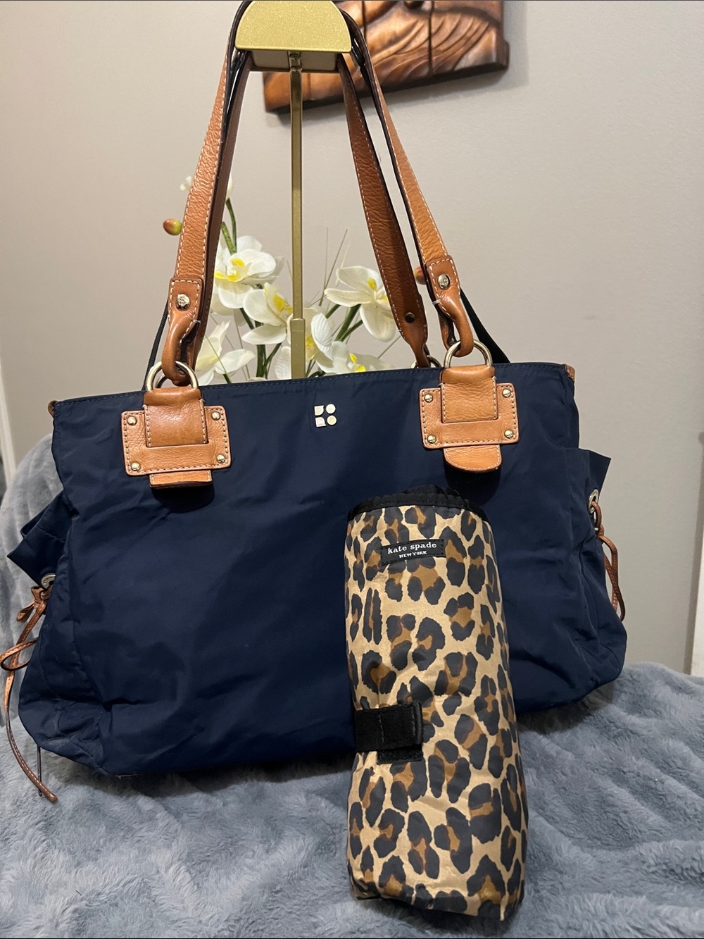 Kate Spade Navy and Leopard Print Tote / Diaper Bag retail $249